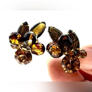 Vintage Unique Clusters Gold Tone Clip On Earrings Topaz Colored Glass Gems